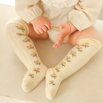 1 пара комбинированных детских носков, удобные и дышащие сетчатые носки в цветочек средней длины, носки-трубочки из чесаного хлопка для маленьких девочек