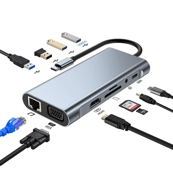 11 в 1 USB C КОНЦЕНТРАТОР 4K 30HZ Type C Док-станция Для Macbook Air Pro Адаптер-Разветвитель Для Ноутбуков, Совместимый с HDMI RJ45