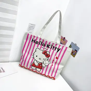 2021 hello kitty холщовая сумка женская сумка через плечо с принтом холщовая сумка мультфильм большая емкость повседневная сумка для покупок 42x31x9 см