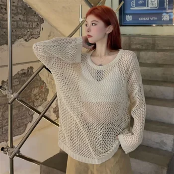 2023 Корейская летняя осенняя мода, новый Женский прозрачный свободный свитер с длинными рукавами и вырезами, Женский пуловер с круглым вырезом, тонкий джемпер