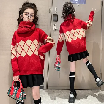 2023 Корейские Осенне-зимние вязаные топы для девочек-подростков, Красный свитер в виде ромба, пуловер, школьница, плотный Теплый трикотаж