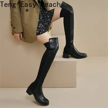 2023 Новые женские Сапоги выше колена из коровьей замши, женская обувь на толстом каблуке, осенне-зимние Модные Тонкие Длинные сапоги