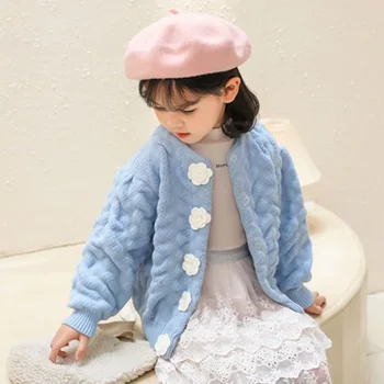 2024 Весенне-осенний свитер для девочек, трикотаж, детская одежда, кардиган, Новое пальто с пузырчатыми рукавами для девочек, свитер ручной работы с розами