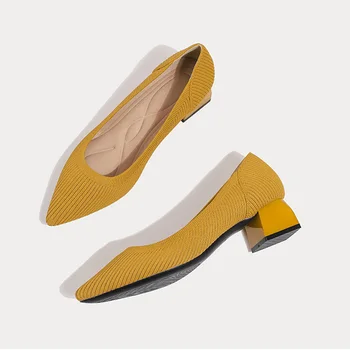 2024 Весенняя Женщина, Элегантные вязаные туфли-лодочки с острым носком, Туфли на толстом каблуке, женские туфли из сетчатой ткани на низком каблуке, Рабочие туфли желтого абрикосового цвета