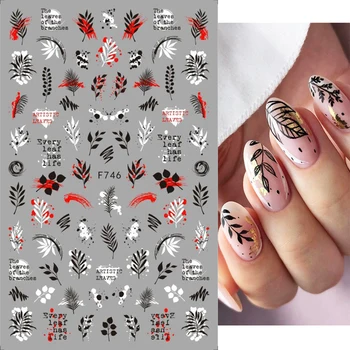 3D наклейки для ногтей Черно-белые листья Буквы На обратной стороне Клейкие наклейки для ногтей Типсы для ногтей