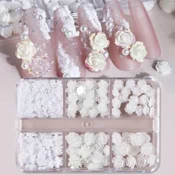 6 Сеток белых 3D-подвесок для ногтей в виде розы смешанных размеров, мини-цветочных деталей для ногтей, декоративных аксессуаров для мастеров маникюра своими руками