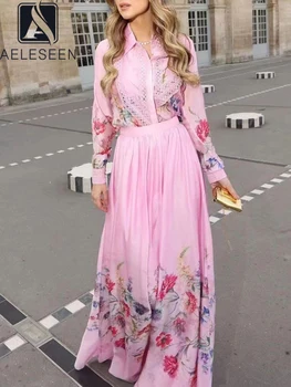 AELESEEN, Богемный Весенне-осенний комплект из 2 предметов, женская Розово-голубая блузка с цветочным принтом + Длинная юбка, Элегантный праздничный комплект для вечеринки