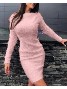 Ah yuan Осеннее сексуальное бархатное женское платье розового цвета с длинным рукавом, облегающее платье с круглым вырезом, зимние платья Миди, теплая модная элегантная одежда