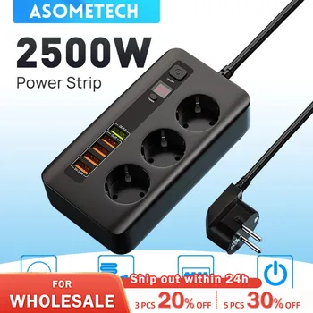 ASOMETECH EU Power Strip Удлинитель с европейской вилкой мощностью 2500 Вт, защита от перегрузки, зарядное устройство USB с несколькими разъемами, зарядное устройство USB C
