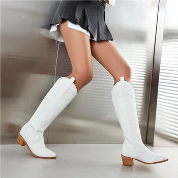 BONJOMARISA, ковбойские сапоги до колена с острым носком для женщин, Модная ретро-классическая обувь в западном стиле, 2023, Совершенно Новые ковбойские сапоги для девочек