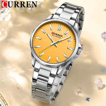 CURREN, модные женские часы, лучший бренд, роскошные желтые женские наручные часы для девочек, браслет из нержавеющей стали, Классические женские часы, подарок 9090