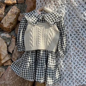 deer jonmi / весенние комплекты одежды для маленьких девочек 2022, клетчатые платья, вязаный жилет, 2 предмета, милые наряды для малышей в корейском стиле для детей младшего возраста