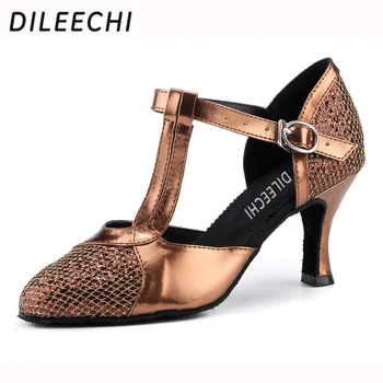 DILEECHI/ женские туфли для латиноамериканских танцев, сальсы, современные туфли для бальных танцев, коричнево-серая вспышка, мягкая подошва, устойчивый каблук 7 см