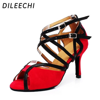 DILEECHI/ красные, синие бархатные женские туфли для латиноамериканских танцев; взрослые женские туфли на высоком каблуке 8,5 см с мягкой подошвой для бальных танцев