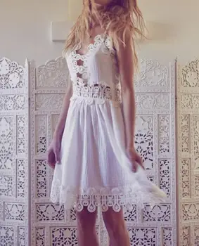 ElfStyle Роскошное Белое Модное женское платье с вышивкой крючком на тонких бретелях, с полыми деталями, горячие пляжные платья
