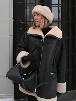 Flordevida Пальто из искусственного меха, женские зимние куртки с лацканами и длинными рукавами, пальто из искусственной кожи, Свободная Черная Теплая куртка, женская Искусственная кожа