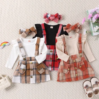 FOCUSNORM, Осенние комплекты одежды для маленьких девочек от 0 до 3 лет, Комбинезон в рубчик с длинными рукавами и оборками + Клетчатая юбка на подтяжках + Повязка на голову