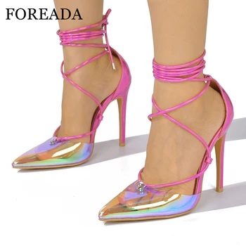 FOREADA/ Женские босоножки с перекрестным ремешком, состоящие из двух частей, с острым носком, на тонком высоком каблуке, Прозрачные Женские модные туфли, летние, Розово-красное Золото, 42