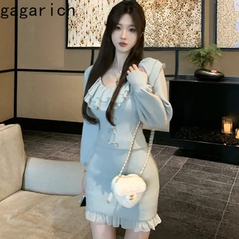 Gagarich 2024, Корейский сладкий комплект из 2 предметов, Женская гофрированная трикотажная юбка средней длины, тонкий повседневный топ, кардиган, женский костюм