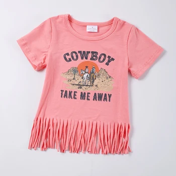Girlymax, весна-лето, топ с коротким рукавом для маленьких девочек, ковбойская хлопковая футболка с коралловой кисточкой, Бутик детской одежды