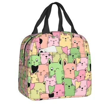 Kawai Cats, термоизолированная сумка для ланча, женская сумка для ланча с милым животным котенком, для школы, офиса, для хранения еды на открытом воздухе, коробка для бенто