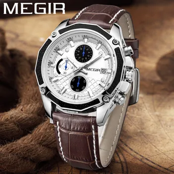 MEGIR Watch Мужские Водонепроницаемые часы с хронографом, военные мужские часы, лучший бренд класса Люкс, коричневые мужские спортивные наручные часы из натуральной кожи, подарок 2015