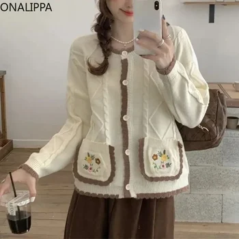 Onalippa Контрастная вышивка Цветочный Вязаный кардиган с Милым узором из конопли Свободные Кардиганы Корейский модный Однобортный свитер
