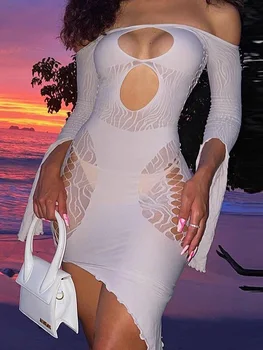 RLMABABY Сексуальное Мини-платье-футляр с открытыми плечами и длинным открытым рукавом, прозрачное Летнее Женское Однотонное короткое платье с открытой спиной, с вырезами