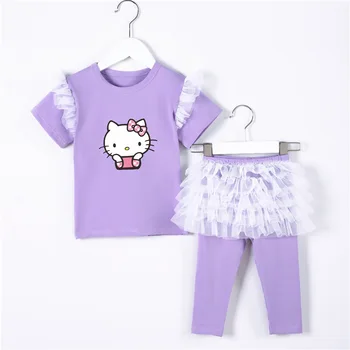 Sanrio Hello Kitty / новый костюм для девочек, хлопковая милая юбка-пирожное, укороченные брюки + хлопковая футболка с круглым вырезом и короткими рукавами