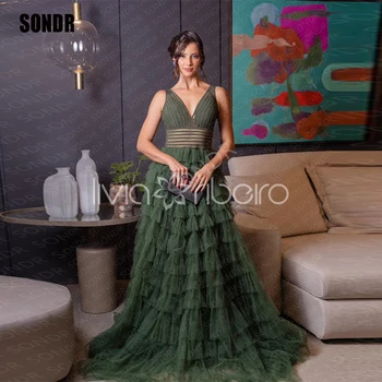 SONDR Royal Green платье для выпускного вечера из тюля трапециевидной формы, бальные платья с V-образным вырезом, вечерние платья для вечерних мероприятий, Vestidos