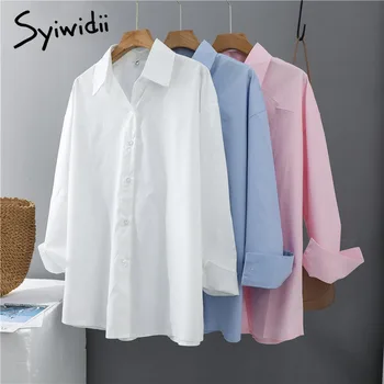 Syiwidii Рубашки с длинным рукавом, Женская блузка Оверсайз, Корейская мода, Белые, синие, Розовые, Винтажные топы на пуговицах, Весна 2022, Одежда