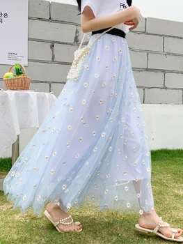 TIGENA 100 см, эстетичная тюлевая юбка Макси с цветочным принтом, женская 2023, весна-лето, повседневная, синяя, розовая, сетчатая, с высокой талией, длинная юбка, женская