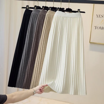 TIGENA/ Теплая вязаная длинная юбка для женщин 2023, осень-зима, повседневная Универсальная юбка-миди трапециевидной формы с высокой талией, плиссированная Женская юбка-миди
