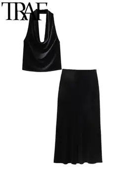 TRAF FANS Y2K Черные бархатные женские майки, макси-юбки, костюмы 2023, осенний укороченный топ без рукавов с открытой спиной, женские комплекты на бретелях