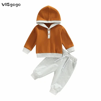 VISgogo, осенне-зимняя одежда для маленьких мальчиков из 2 предметов, пуловер с капюшоном карамельного цвета, спортивные штаны, штаны для бега трусцой, повседневный спортивный костюм