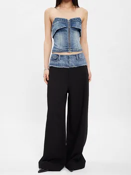 y2k, весенне-летние женские брюки из джинсовой мешковины с высокой талией, корейская мода, свободная прямая одежда с широкими штанинами для женщин
