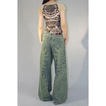 Американские винтажные джинсовые брюки в стиле хип-хоп с высокой талией и принтом, женские повседневные мешковатые джинсовые брюки Y2K с широкими штанинами в стиле уличной одежды Гранж