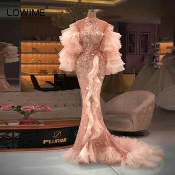 Арабские блестящие розовые вечерние платья с длинными рукавами для женщин 2022 с открытыми плечами и оборками, вечерние платья 
