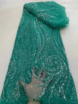 Африканская кружевная ткань Новое поступление, высококачественная Зеленая ткань с блестками, вышитая бисером, кружевная ткань с блестками для вечернего свадебного платья