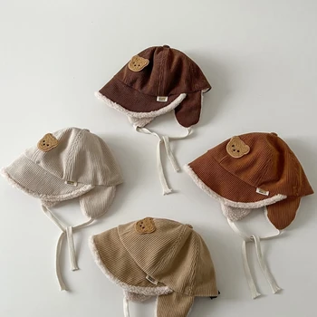 Вельветовая кепка, ветрозащитная шапка для защиты ушей, детская утепленная шапка-ушанка, зимняя шапка.
