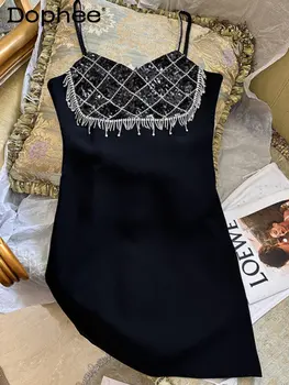 Весенне-летнее Новое женское платье на подтяжках с высокой талией, облегающее сексуальное бандажное платье с блестками, черное мини-платье со стразами и кисточками для вечеринки