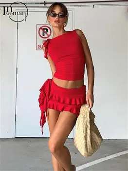 Весенний красный комплект Inwoman без рукавов из 2 предметов, повседневный праздничный комплект для женщин 2023, сексуальный облегающий топ с оборками и комплекты мини-юбок