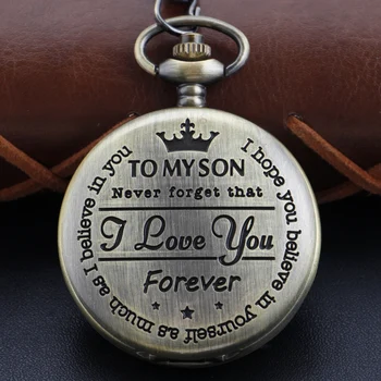 Винтажные бронзовые часы Son I Love You в стиле стимпанк, кварцевые карманные часы с цепочкой-брелоком, женские часы, подвеска, ожерелье, цепочка, мужской подарок