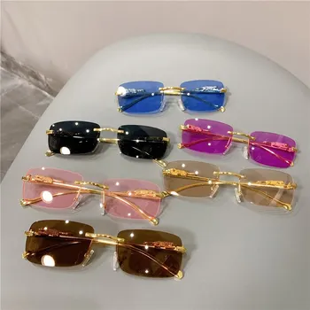 Винтажные солнцезащитные очки Без оправы, Солнцезащитные очки с обрезанной кромкой, Модные дизайнерские оттенки, Роскошные солнцезащитные очки в золотой леопардовой оправе UV400