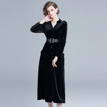 Высококачественное дизайнерское вельветовое платье для подиума 2020, осеннее женское платье с длинным рукавом, сексуальное платье с V-образным вырезом и поясом, повседневное длинное платье до середины икры