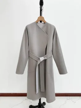Высококачественное женское модное шерстяное пальто с длинным рукавом и V-образным вырезом, куртка с поясом, Элегантный Офисный женский универсальный тренч, верхняя одежда