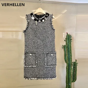 Высококачественное модное дизайнерское подиумное платье VERHELLEN, 2019 Летнее женское роскошное твидовое платье без рукавов, расшитое бриллиантами.