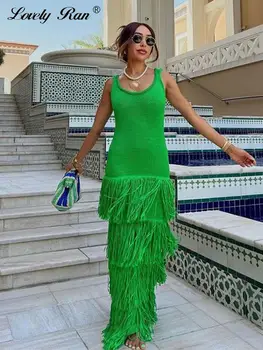 Вязаное платье без рукавов с кисточками, женские зеленые сексуальные длинные платья с U-образным вырезом и открытой спиной, женская летняя мода 2023, Пляжный отдых, Леди Vestido