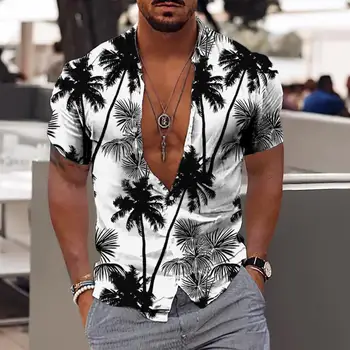 Гавайская рубашка для мужчин с принтом кокосовой пальмы, рубашка Aloha, воротник на пуговицах, Короткий рукав, Мужская одежда, Пляжная Повседневная Блузка для отпуска, топы