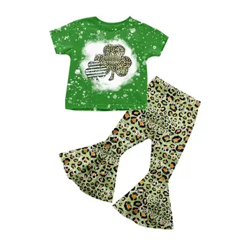 Горячая распродажа детской одежды, модный костюм для девочек, детский костюм с четырьмя листьями клевера, оптовая продажа, шорты, расклешенные брюки, зеленые отбеленные